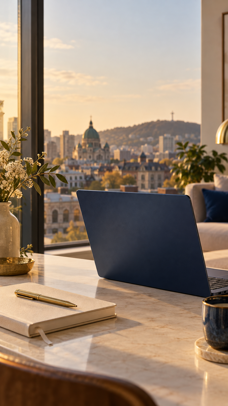 Ambiance de bureau avec un ordinateur, dans les couleurs bleu et or de Kébek