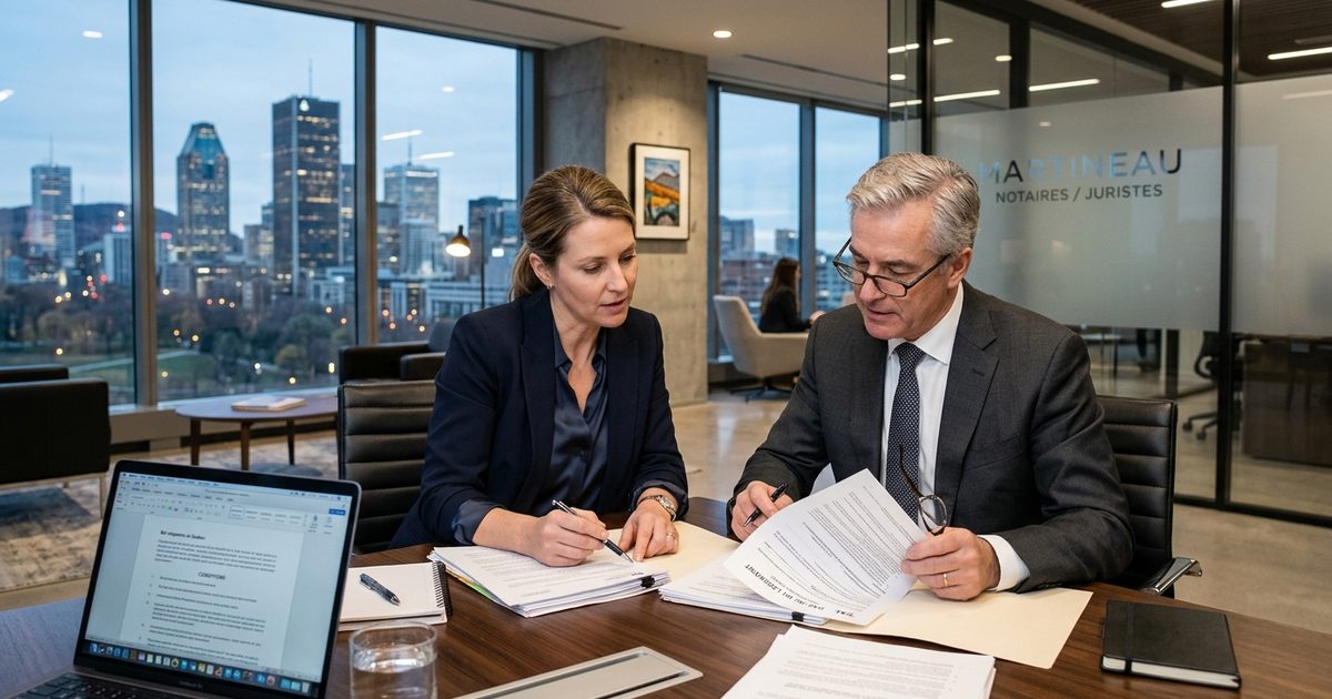 Une conseillère et un notaire relisent un contrat autour d'une table de réunion, avec le centre-ville de Montréal en arrière-plan.