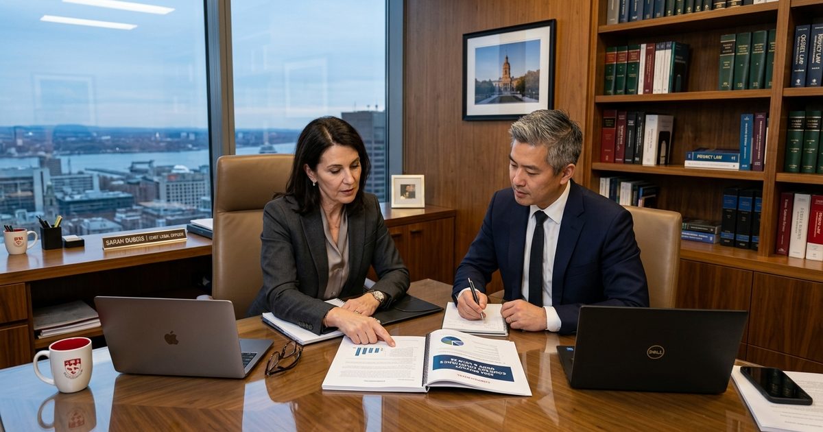 Une conseillère juridique et un collègue annotent un rapport de conformité dans un bureau bordé d'ouvrages de droit.