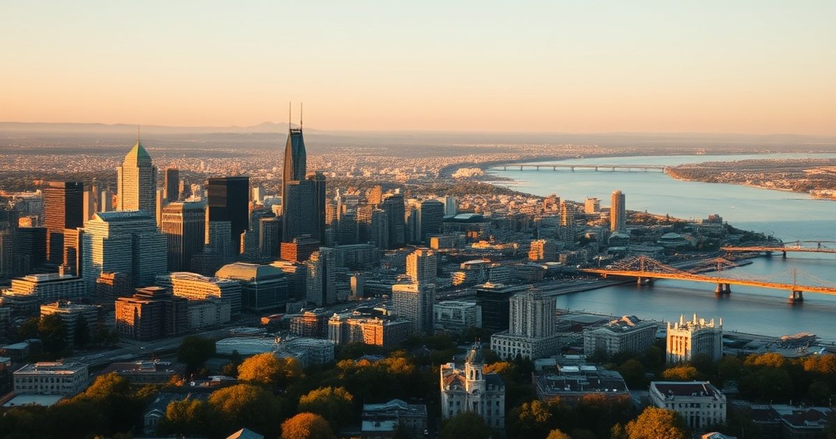 Vue aérienne du centre-ville de Montréal au lever du jour, avec le fleuve Saint-Laurent et ses ponts.